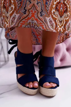 Boto Sandały Na Koturnie*Sandały Damskie Na Koturnie Granatowe Yenga