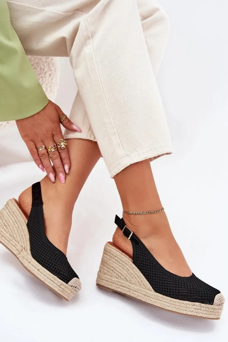 Outlet Boto Sandały Damskie Na Koturnie Z Plecionką Czarne Tulliata Czarny