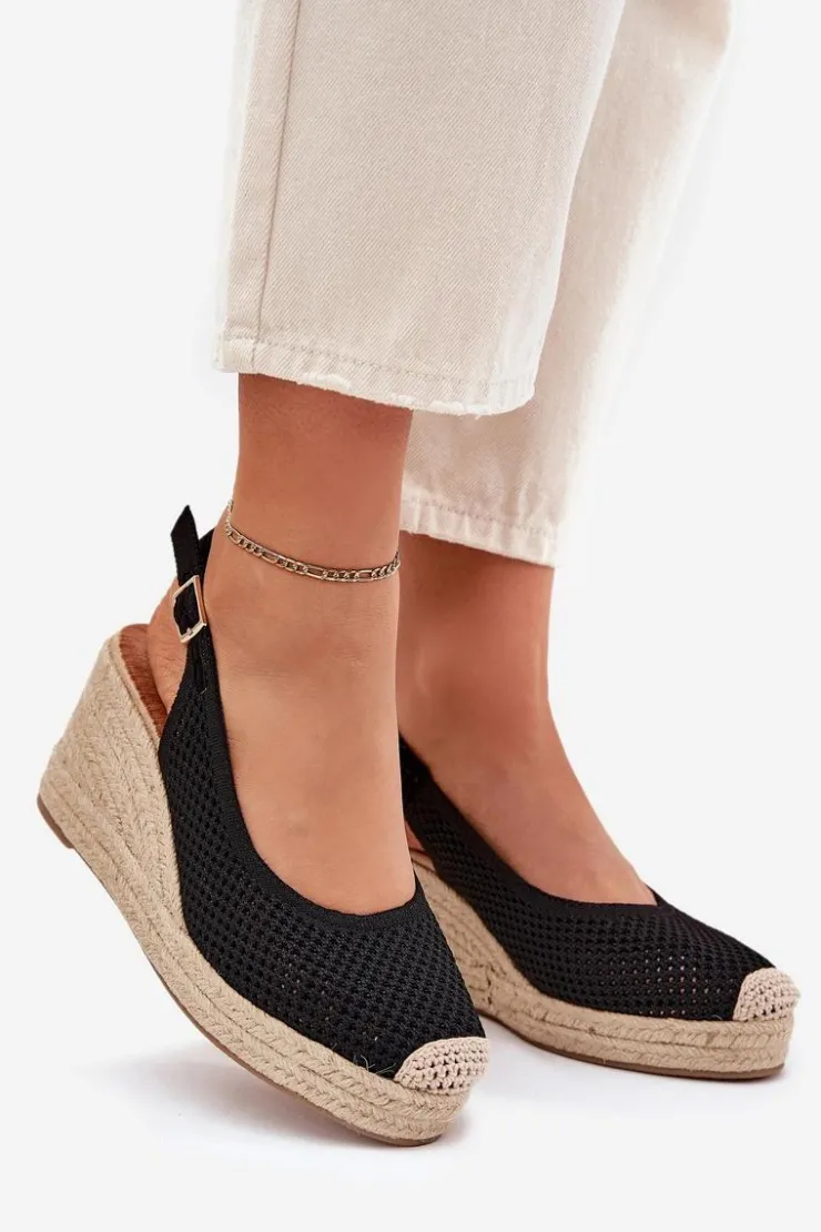 Outlet Boto Sandały Damskie Na Koturnie Z Plecionką Czarne Tulliata Czarny