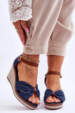 New Boto Sandały Damskie Na Koturnie Granatowe Daphne Niebieski