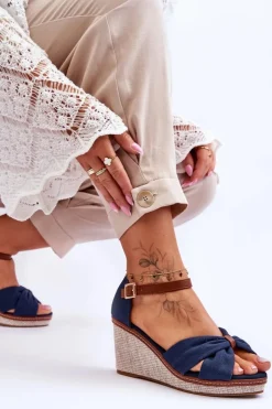 New Boto Sandały Damskie Na Koturnie Granatowe Daphne Niebieski