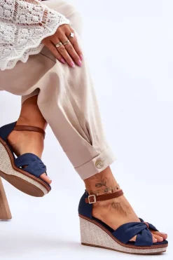 New Boto Sandały Damskie Na Koturnie Granatowe Daphne Niebieski