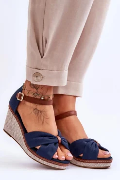 New Boto Sandały Damskie Na Koturnie Granatowe Daphne Niebieski