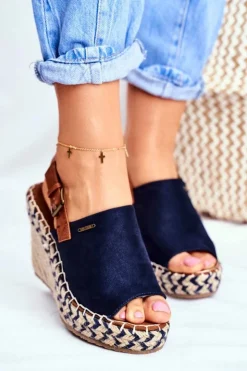 New Big Star Shoes Sandały Damskie Na Koturnie Big Star Granatowe FF274980