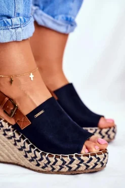 New Big Star Shoes Sandały Damskie Na Koturnie Big Star Granatowe FF274980