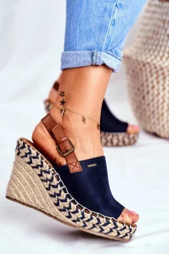 New Big Star Shoes Sandały Damskie Na Koturnie Big Star Granatowe FF274980