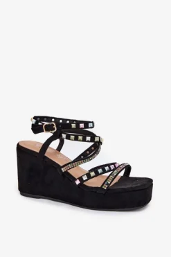 Sale Boto Sandały Damskie Na Koturnie Ze Zdobieniem Na Paskach Czarne Lunara Czarny