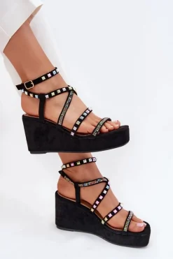 Sale Boto Sandały Damskie Na Koturnie Ze Zdobieniem Na Paskach Czarne Lunara Czarny