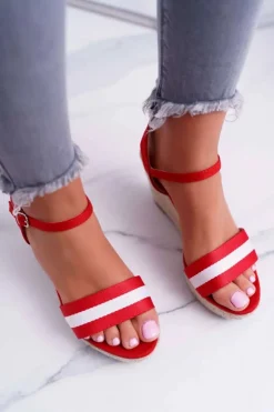 Damskie Boto Sandały Damskie Na Koturnie Lniane Czerwone Renew