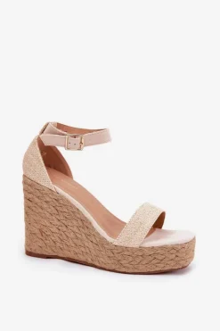 Damskie Boto Sandały Damskie Na Koturnie Z Plecionką Beżowe Adelio