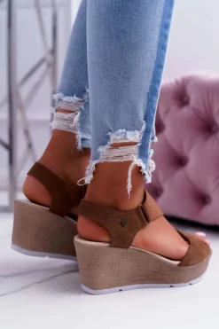 Big Star Shoes Sandały Big Star|Sandały Na Koturnie*Sandały Damskie Na Koturnie Big Star Zamszowe Brązowe DD276035