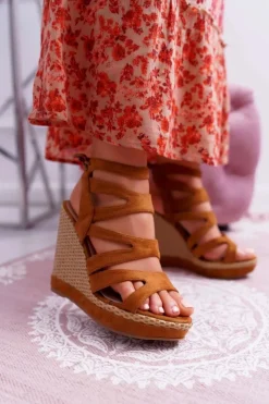 Damskie Boto Sandały Damskie Na Koturnie Sznurek Camel Liluena