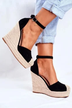 Boto Sandały Na Koturnie*Sandały Damskie Na Koturnie Lniane Czarne Avocado