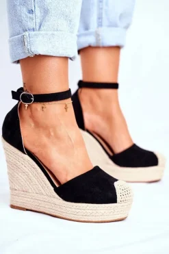 Boto Sandały Na Koturnie*Sandały Damskie Na Koturnie Lniane Czarne Avocado