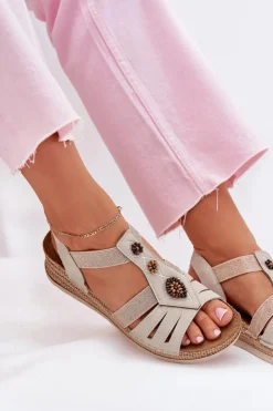 Damskie INBLU Sandały Damskie Na Koturnie Z Ozdobami RV000015 Jasnobeżowe