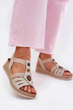 Damskie INBLU Sandały Damskie Na Koturnie Z Ozdobami RV000015 Jasnobeżowe