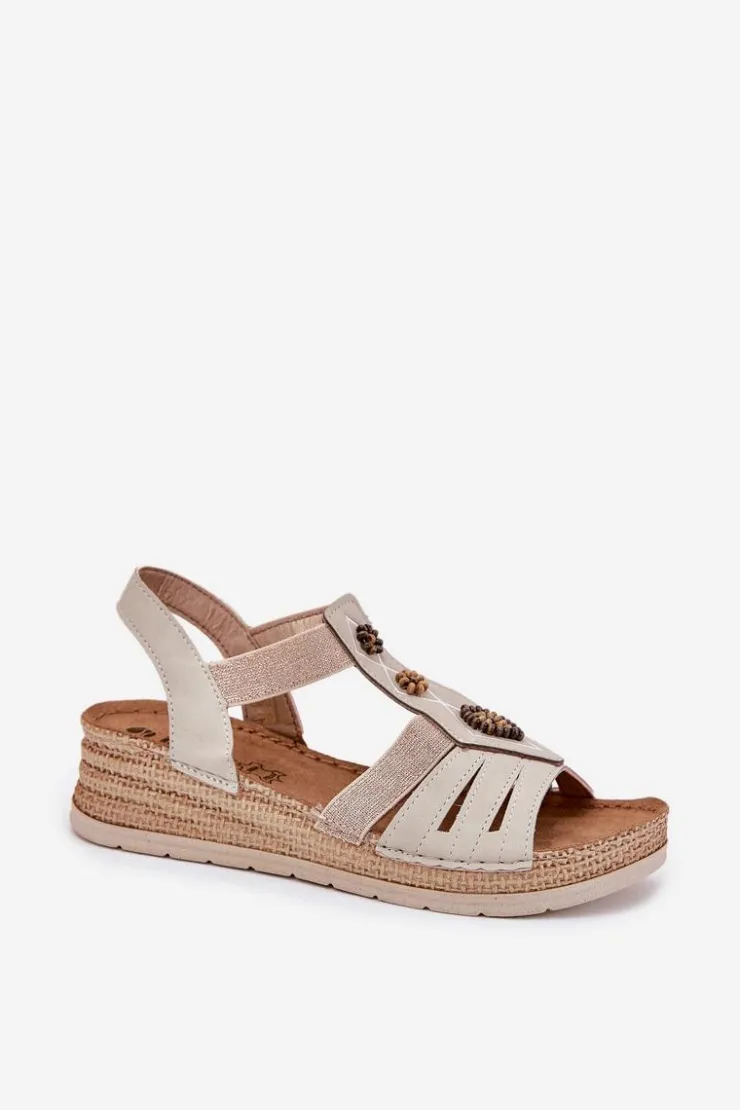 Damskie INBLU Sandały Damskie Na Koturnie Z Ozdobami RV000015 Jasnobeżowe