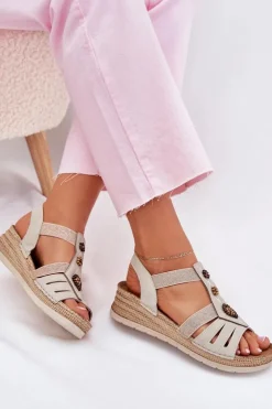 Damskie INBLU Sandały Damskie Na Koturnie Z Ozdobami RV000015 Jasnobeżowe