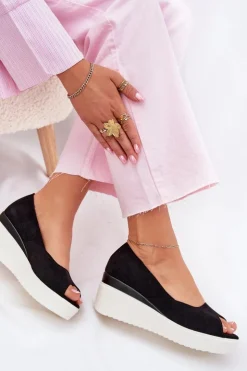 Boto Sandały Na Koturnie*Sandały Damskie Na Koturnie Z Eko Zamszu Czarne Velira Czarny