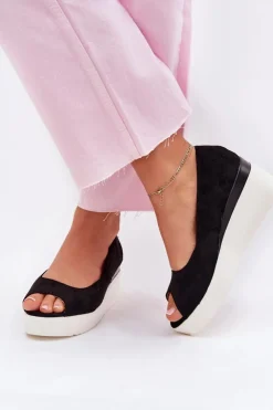 Boto Sandały Na Koturnie*Sandały Damskie Na Koturnie Z Eko Zamszu Czarne Velira Czarny