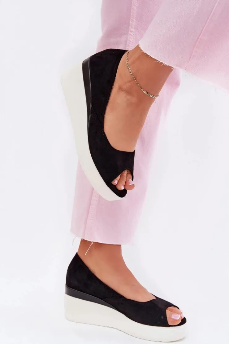 Boto Sandały Na Koturnie*Sandały Damskie Na Koturnie Z Eko Zamszu Czarne Velira Czarny