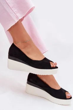 Boto Sandały Na Koturnie*Sandały Damskie Na Koturnie Z Eko Zamszu Czarne Velira Czarny