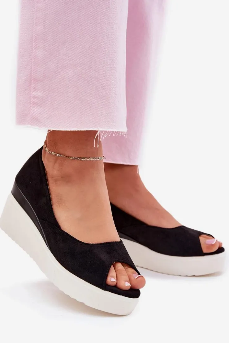 Boto Sandały Na Koturnie*Sandały Damskie Na Koturnie Z Eko Zamszu Czarne Velira Czarny