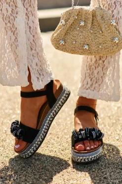 Discount Damskie buty S.Barski Sandały Damskie Na Koturnie I Platformie Z Ozdobami S.Barski HY056 Czarne