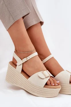 Boto Sandały Na Koturnie*Sandały Damskie Na Koturnie Z Klamrą Beżowe Liniella Beżowy