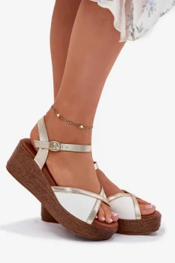 Damskie buty S.Barski Sandały Na Koturnie*Sandały Damskie Na Koturnie S.Barski PL51-324 Biało-Złote