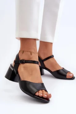 Sale Buty Sergio Leone Sandały Damskie Na Niskim Obcasie Eko Skórzane Sergio Leone SK876 Czarne Czarny