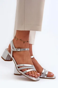 Buty Sergio Leone Sandały Na Obcasie*Sandały Damskie Na Niskim Obcasie Z Eko Skóry Sergio Leone SK046 Srebrne Srebrny