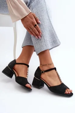 Clearance Buty damskie Vinceza Sandały Damskie Na Obcasie Klocku Z Ozdobnym Paskiem Eko Zamszowe Czarne Obivena