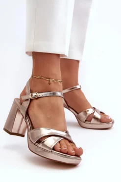 Evento Sandały Na Obcasie*Sandały Damskie Na Obcasie Słupku Eko Skórzane Złote Jatine