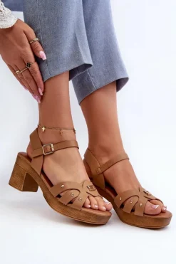 New Evento Sandały Damskie Na Obcasie Z Eko Skóry Brązowe Assames Brązowy