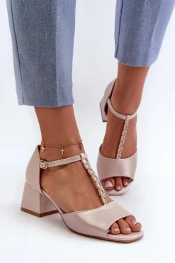 Sale Buty damskie Vinceza Sandały Damskie Na Obcasie Klocku Z Ozdobnym Paskiem Eko Skórzane Złote Obivena