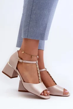 Sale Buty damskie Vinceza Sandały Damskie Na Obcasie Klocku Z Ozdobnym Paskiem Eko Skórzane Złote Obivena