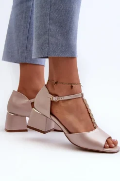 Sale Buty damskie Vinceza Sandały Damskie Na Obcasie Klocku Z Ozdobnym Paskiem Eko Skórzane Złote Obivena