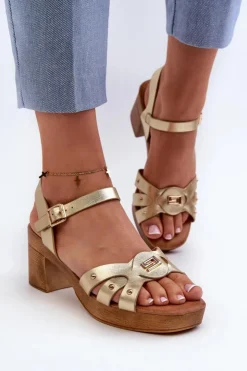 Damskie Evento Sandały Damskie Na Obcasie Z Eko Skóry Złote Assames