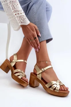 Damskie Evento Sandały Damskie Na Obcasie Z Eko Skóry Złote Assames