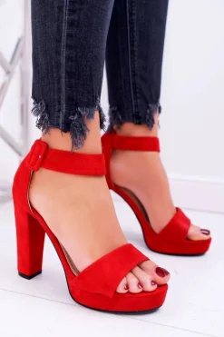 Damskie Boto Sandały Damskie Na Obcasie Słupku Zamsz Czerwone ShakeUp