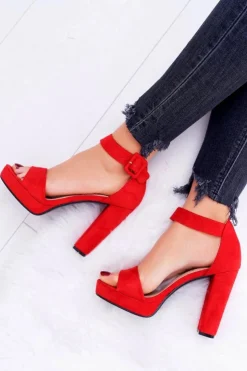 Damskie Boto Sandały Damskie Na Obcasie Słupku Zamsz Czerwone ShakeUp