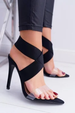 Boto Sandały Damskie Na Obcasie Szeroki Pasek Czarne Lights