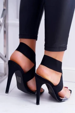 Boto Sandały Damskie Na Obcasie Szeroki Pasek Czarne Lights