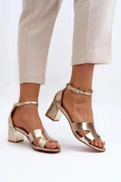 New Boto Sandały Damskie Na Obcasie Klocku Złote Irivana
