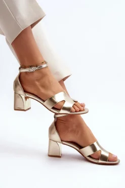 New Boto Sandały Damskie Na Obcasie Klocku Złote Irivana