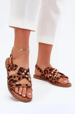 Damskie Boto Sandały Damskie Na Płaskim Obcasie Ze Złotymi Ćwiekami Panterka Zanira