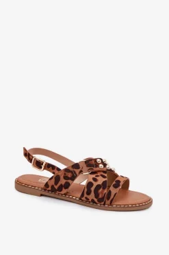 Damskie Boto Sandały Damskie Na Płaskim Obcasie Ze Złotymi Ćwiekami Panterka Zanira