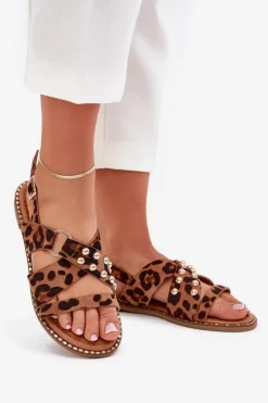 Damskie Boto Sandały Damskie Na Płaskim Obcasie Ze Złotymi Ćwiekami Panterka Zanira