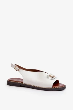 Boto Sandały Damskie Na Płaskim Obcasie Z Ozdobą Białe Loraeleh